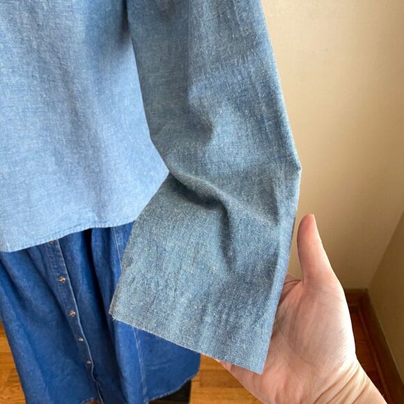 Vintage Via Sant Andrea 90s L Button Back Blouse Blue Denim Floral Embroidery - Picture 8 of 10